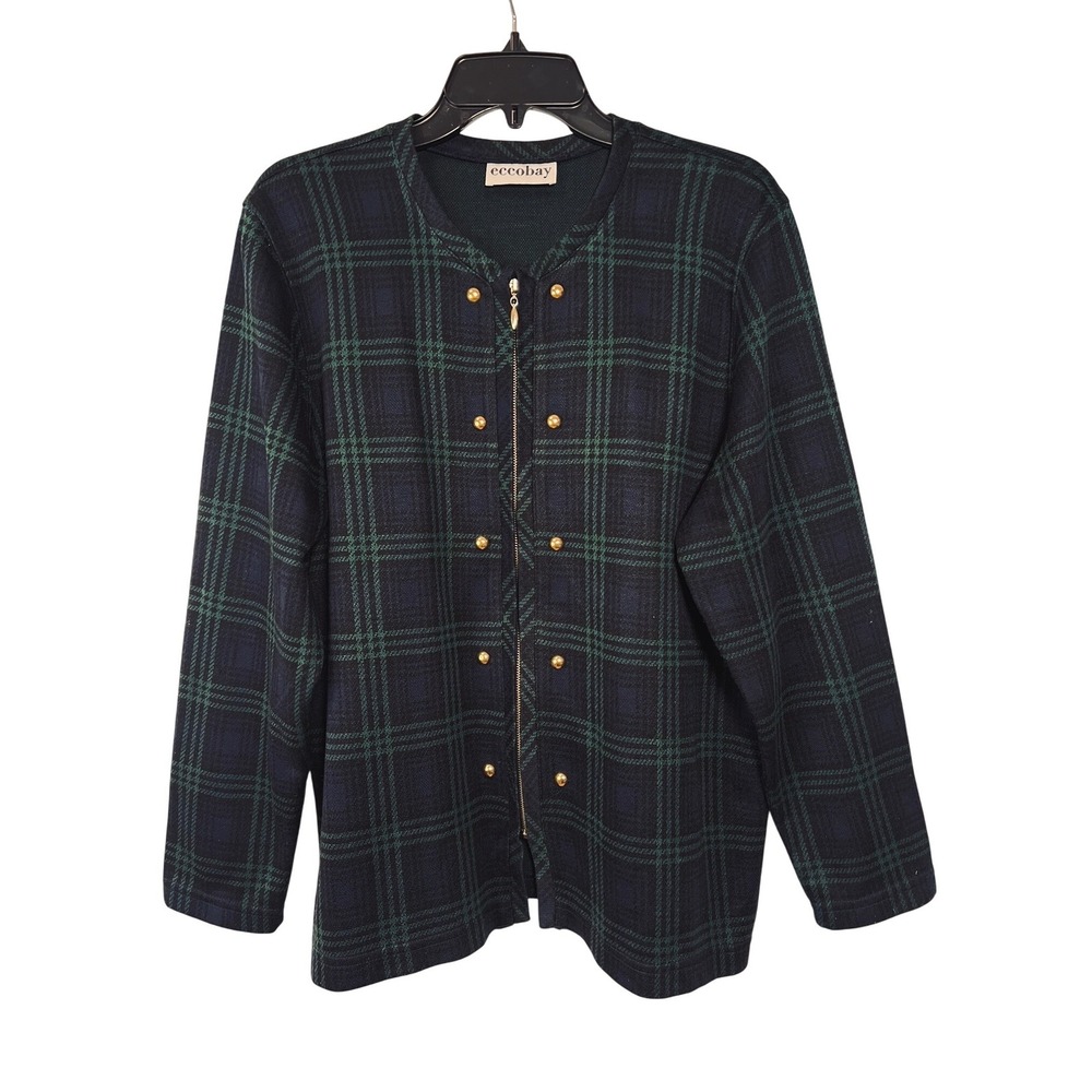 eccobay Women L Tartan Plaid Zip Cardigan Jacket Dark Academia‎ Gold Buttons